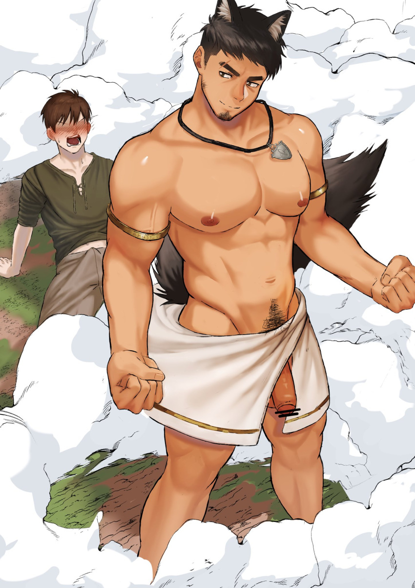 2boys abs animal_ears armlet aruji_(hidora) bar_censor bara borrowed_character bulge censored eyebrow_cut faceless faceless_male facial_hair feet_out_of_frame flaccid goatee groin gyaran_do69 highres large_pectorals loincloth_aside long_sideburns male_focus male_pubic_hair mature_male multiple_boys muscular muscular_male navel navel_hair nipples no_male_underwear original outstretched_arms pectorals penis penis_peek pubic_hair pubic_hair_peek shield_necklace shiny_skin short_hair sideburns smile smoke standing stomach summoning tail thick_eyebrows topless_male undercut veins veiny_arms white_loincloth wolf_boy wolf_ears wolf_tail yaoi yellow_eyes