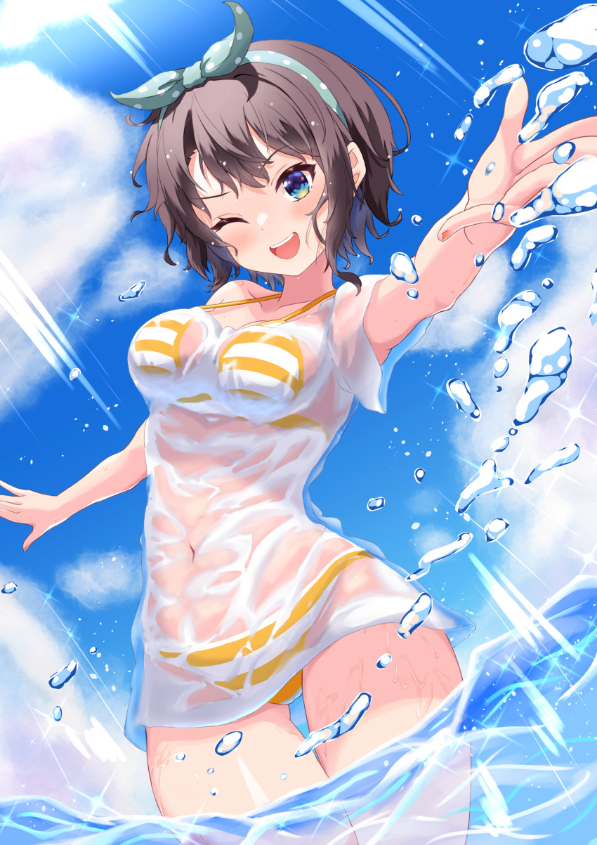 1girl absurdres bikini bikini_under_clothes black_hair blue_eyes blue_sky breasts cleavage cloud highres hololive large_breasts light_rays nushiya_(ayihsem) oozora_subaru oozora_subaru_(3rd_costume) polka_dot_hairband see-through see-through_shirt shirt short_hair sky solo splashing striped striped_bikini sunbeam sunlight swept_bangs swimsuit swimsuit_under_clothes t-shirt virtual_youtuber water wet wet_clothes wet_shirt white_shirt yellow_bikini