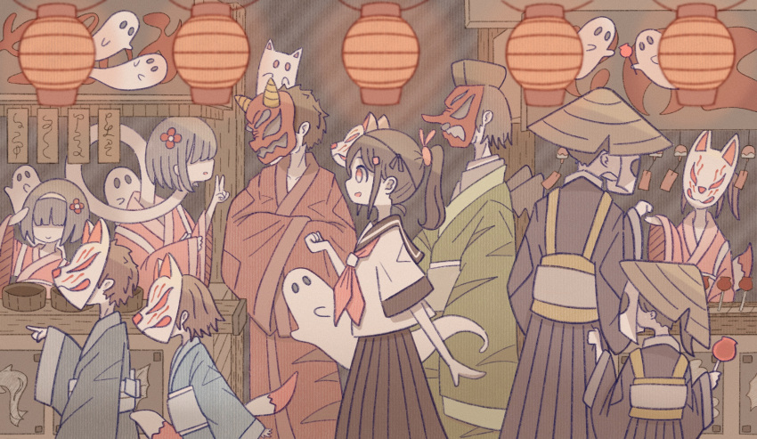 1girl 5boys 5girls :d black_eyes blue_kimono blunt_bangs blunt_ends bob_cut brown_hair candy_apple cathead clenched_hand closed_mouth cowboy_shot facing_viewer festival flower food food_stand fox_mask fox_tail from_side ghost green_kimono grey_hair grey_kimono hair_flower hair_ornament hair_over_eyes hairband hand_to_head hand_up hat highres holding japanese_clothes kimono kimono_skirt lantern long_neck long_sleeves looking_at_another mask multiple_boys multiple_girls neckerchief no_fingers omochi_noa oni_mask open_mouth orange_kimono original paper_lantern pleated_skirt pointing ponytail profile quad_tails red_eyes red_flower red_kimono red_neckerchief red_sailor_collar rice_hat rokurokubi sailor_collar school_uniform serafuku short_hair short_sleeves sidelocks sideways_mouth skirt skirt_grab smile solid_oval_eyes standing swept_bangs tail tengu_mask tokin_hat traditional_youkai v very_short_hair wide_sleeves yatai