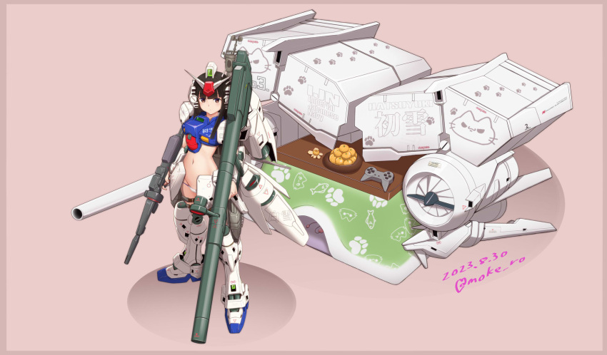 bikini black_hair blunt_bangs brown_eyes character_name commentary_request controller cosplay dated food fruit game_controller gun gundam gundam_0083 gundam_gp-03_dendrobium gundam_gp-03_dendrobium_(cosplay) hatsuyuki_(kancolle) headgear highres hime_cut kantai_collection kotatsu long_hair mandarin_orange mecha_musume moke_ro navel pink_background playstation_controller rifle rocket_launcher sidelocks swimsuit table twitter_username weapon white_bikini