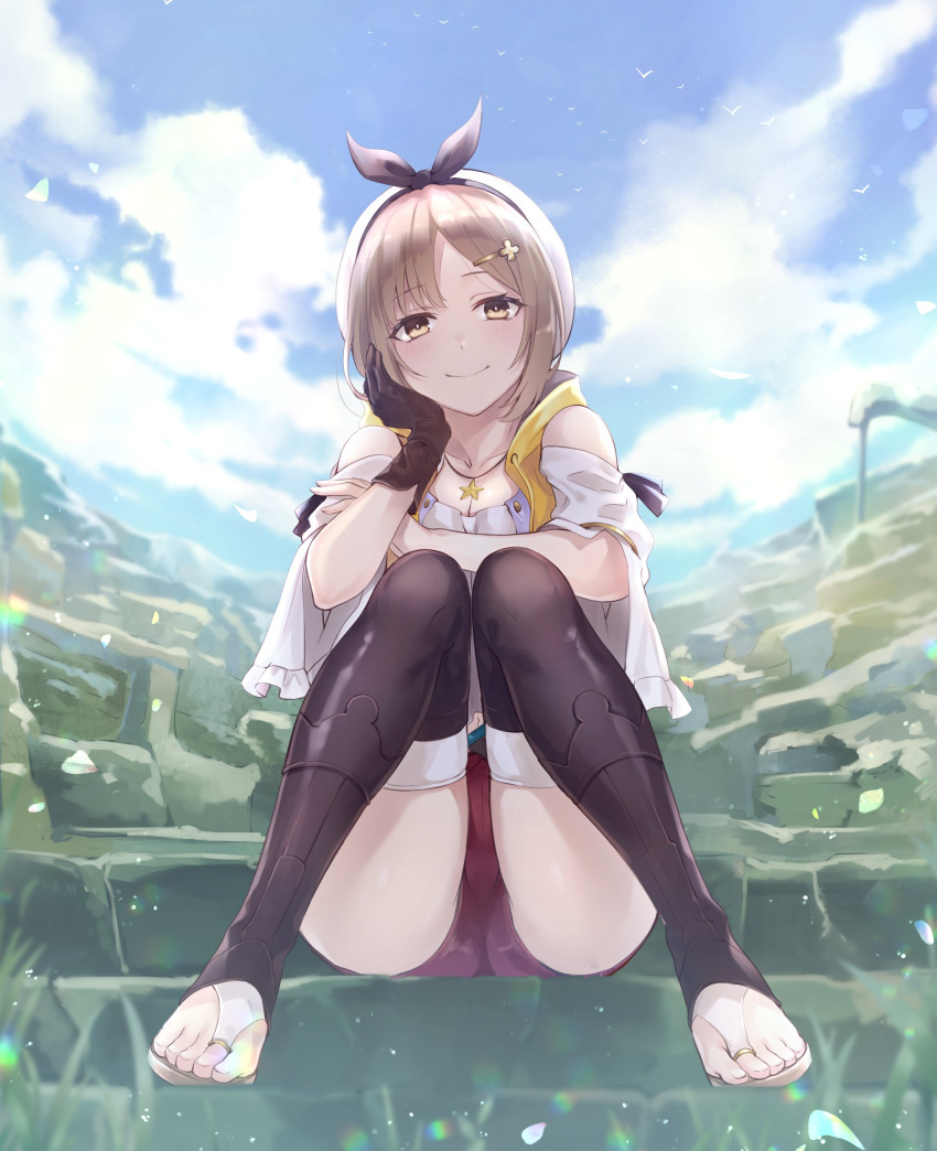 absurdres atelier_(series) atelier_ryza black_gloves bridal_legwear cloud e_(eokiba) gloves hair_ornament hairband hairclip hand_on_own_cheek hand_on_own_face highres jewelry necklace red_shorts reisalin_stout short_shorts shorts single_glove sitting sky smile thighhighs thighs toe_ring