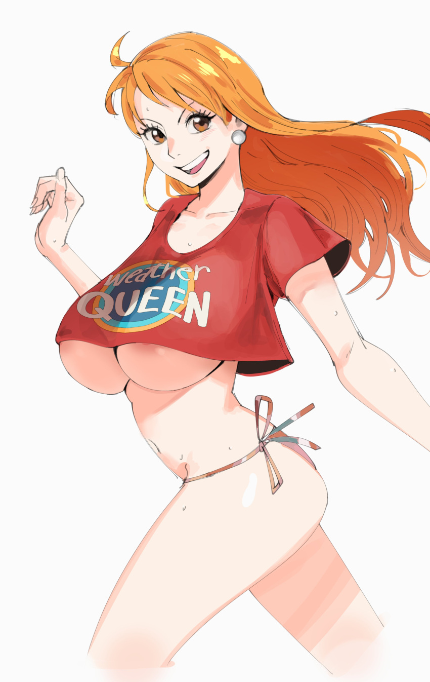 1girl absurdres areola_slip bikini bikini_bottom_only breasts collarbone commentary cowboy_shot crop_top earrings english_commentary hand_up highres jewelry joy_boy large_breasts light_blush long_hair looking_at_viewer midriff nami_(one_piece) navel one_piece open_mouth orange_eyes orange_hair pearl_earrings red_shirt revealing_clothes shirt side-tie_bikini_bottom simple_background smile solo sweatdrop swimsuit teeth thighs underboob upper_teeth_only