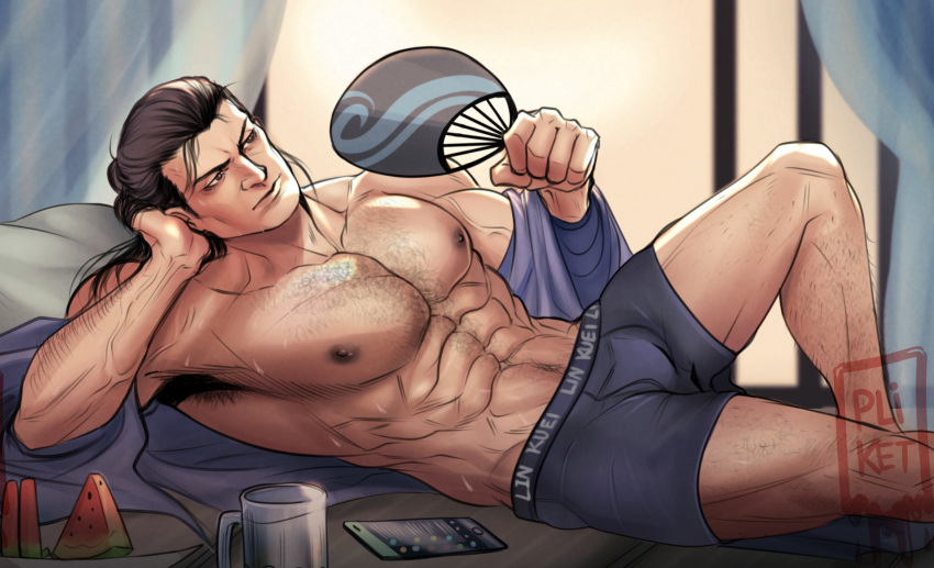 1boy abs absurdres armpit_hair armpit_peek bara black_male_underwear boxers bulge elbow_rest feet_out_of_frame from_side handheld_fan highres knee_up large_pectorals male_focus male_underwear male_underwear_peek mature_male mortal_kombat_(series) mortal_kombat_1_(2023) muscular muscular_male navel navel_hair nipples on_bed paid_reward_available pectorals solo sparse_chest_hair sparse_leg_hair stomach sub-zero sweat tazahan thick_eyebrows topless_male underwear very_sweaty watching_television