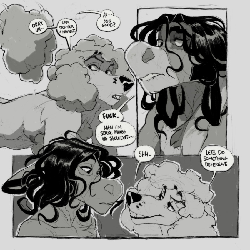 3_panel_comic all_fours anthro arm_tuft asinus bedroom_eyes bite biting_lip canid canine canis chest_tuft chin_tuft curled_hair dean_(terribleanimal) dialogue domestic_dog donkey duo elbow_tuft english_text equid equine facial_hair facial_tuft floppy_ears greyscale hair half-closed_eyes hi_res inviting long_hair male male/male mammal monochrome narrowed_eyes poodle seductive sideburns smile smirk smug smug_face smug_grin speech_bubble tail tail_tuft terribleanimal text tony_(terribleanimal) tuft