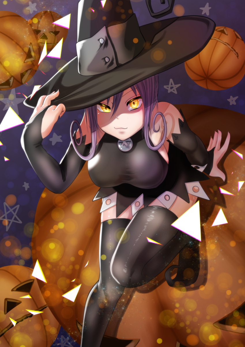 1girl absurdres adjusting_clothes adjusting_headwear animal_ears black_headwear black_sleeves blair_(soul_eater) boots breasts cat cat_ears cat_girl detached_sleeves halloween hat highres jack-o'-lantern large_breasts long_hair long_sleeves night night_sky occul_lab pumpkin purple_hair sitting sky soul_eater thigh_boots thighhighs thighs tongue witch witch_hat yellow_eyes