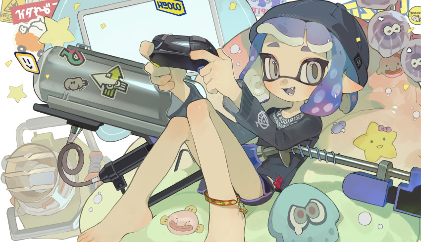 1girl :d anklet barefoot bean_bag_chair black_headwear black_shirt black_shorts blobfish blush character_doll character_request colored_tongue commentary_request controller e-liter_4k_(splatoon) explosher_(splatoon) fangs feet game_controller gun hands_up hat highres holding holding_controller holding_game_controller inkling inkling_girl jewelry knees_up long_sleeves looking_at_viewer open_mouth p-pepper pointy_ears purple_eyes purple_hair purple_tongue shirt short_eyebrows short_hair short_shorts shorts sidelocks sitting smile smiley_face solo splatoon_(series) star_(symbol) sticker stuffed_toy suction_cups tag tentacle_hair weapon white_background