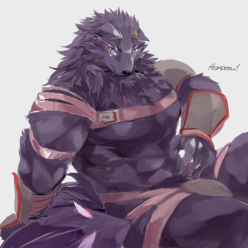 abs absurd_res anthro armor bathym canid canine canis chest_tuft clothing demon fur gauntlets gloves handwear hi_res lifewonders living_tail male mammal mane pauldron pecs petadodu pink_leather purple_body purple_fur red_eyeliner sitting solo tail thong tokyo_afterschool_summoners tuft underwear unusual_anatomy unusual_tail wolf