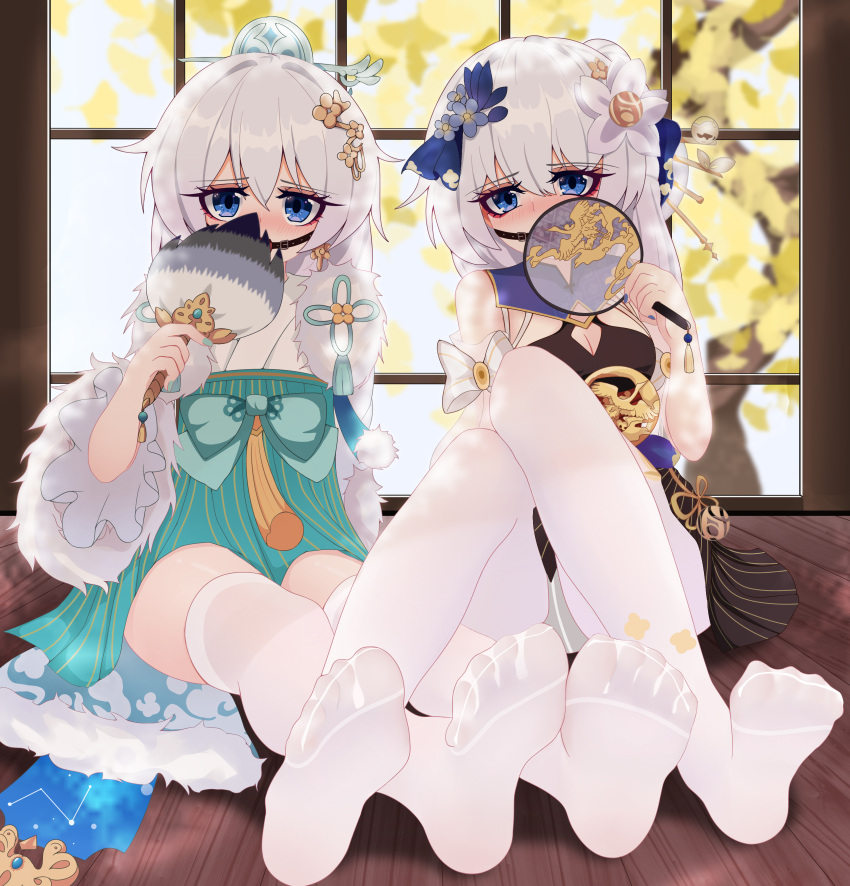 2girls absurdres ball_gag bare_shoulders blue_eyes blue_flower blush breasts chinese_clothes cleavage dual_persona flower foreshortening full_body gag hair_flower hair_ornament hand_fan highres holding holding_fan honkai_(series) honkai_impact_3rd indoors long_hair long_sleeves looking_at_viewer multiple_girls no_shoes on_floor pantyhose see-through see-through_sleeves sitting soles sym. theresa_apocalypse theresa_apocalypse_(starlit_astrologos) tree white_flower white_hair white_pantyhose window wooden_floor zhuge_kongming_(honkai_impact)