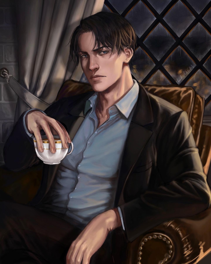 1boy artist_name black_hair black_suit chair cup curtains formal grey_shirt highres holding holding_cup indoors lauregal levi_(shingeki_no_kyojin) looking_at_viewer male_focus realistic shingeki_no_kyojin shirt sitting solo suit teacup window