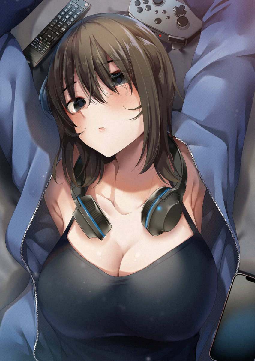 1girl armpits black_eyes black_tank_top blue_jacket breasts brown_hair cellphone cleavage closed_mouth collarbone controller expressionless game_controller hair_over_eyes headphones headphones_around_neck highres jacket large_breasts long_hair lying omura_saki on_back open_clothes open_jacket original phone remote_control ryouma_(galley) smartphone solo tank_top upper_body yumeochi_-_yume_de_bokura_wa_koi_ni_ochiru