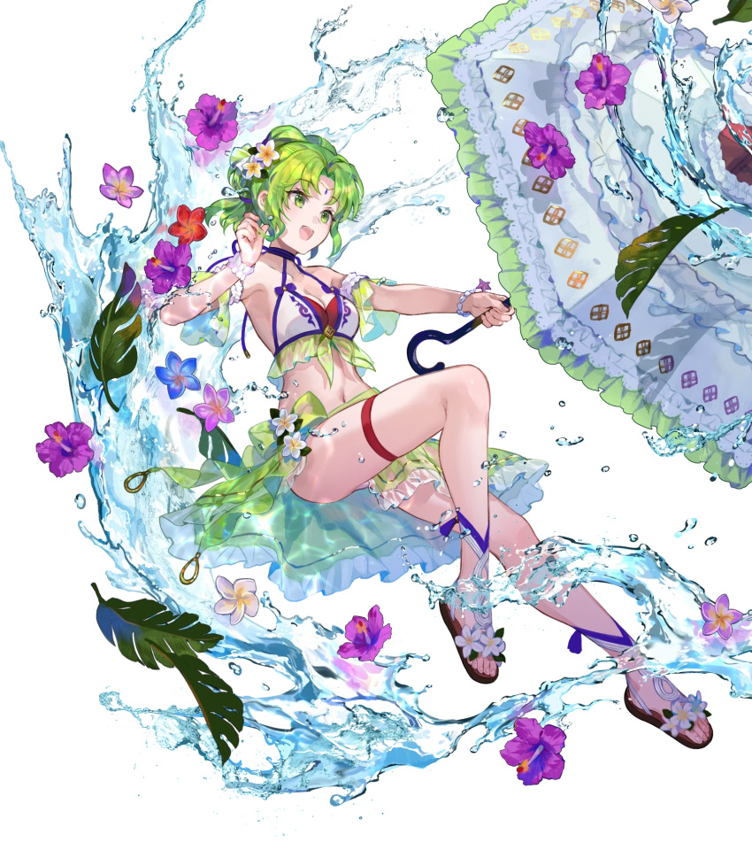 1girl bare_shoulders bikini bracelet breasts cleavage feet fire_emblem fire_emblem:_the_sacred_stones fire_emblem_heroes flower frills full_body fuzichoco gradient_clothes green_eyes grey_hair hair_ornament hibiscus highres holding jewelry l'arachel_(fire_emblem) legs long_hair medium_breasts navel non-web_source official_art open_mouth sandals scrunchie see-through smile solo stomach swimsuit thigh_strap thighs toeless_footwear toenails toes transparent_background umbrella water water_drop wrist_scrunchie
