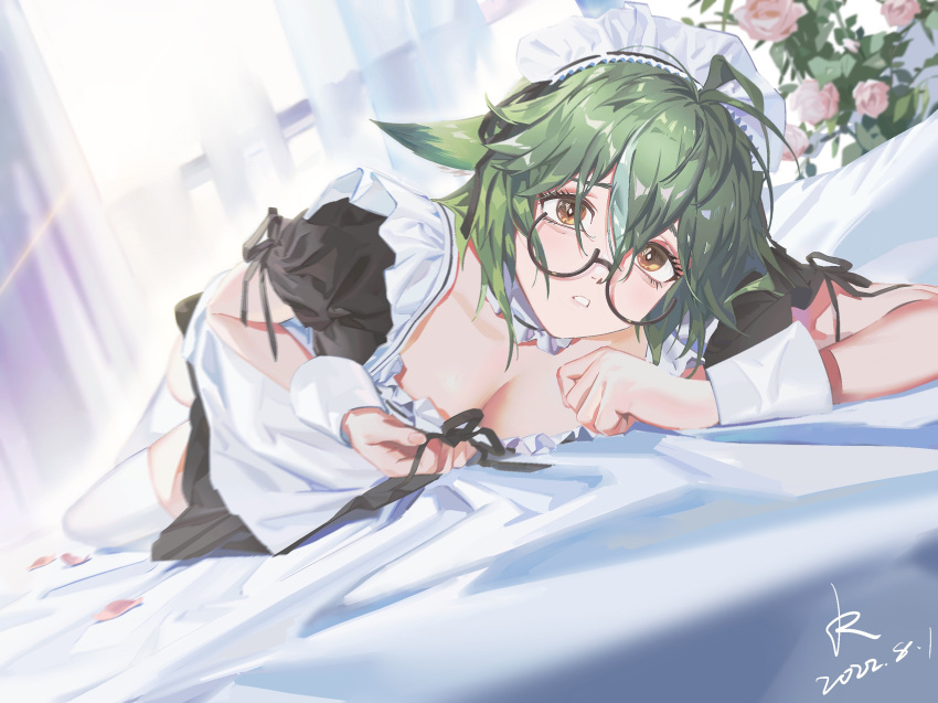 1girl alternate_costume animal_ears apron arm_support black_dress breasts brown-framed_eyewear cleavage collar curtains dated dress dubian_xiang enmaided flower frilled_collar frills full_body genshin_impact glasses green_hair hair_between_eyes hand_up highres light_rays looking_at_viewer lying maid maid_apron maid_headdress medium_breasts on_bed on_side open_mouth orange_eyes petals pink_flower plant puffy_short_sleeves puffy_sleeves semi-rimless_eyewear short_sleeves signature solo sucrose_(genshin_impact) thighhighs under-rim_eyewear white_apron white_thighhighs window wrist_cuffs