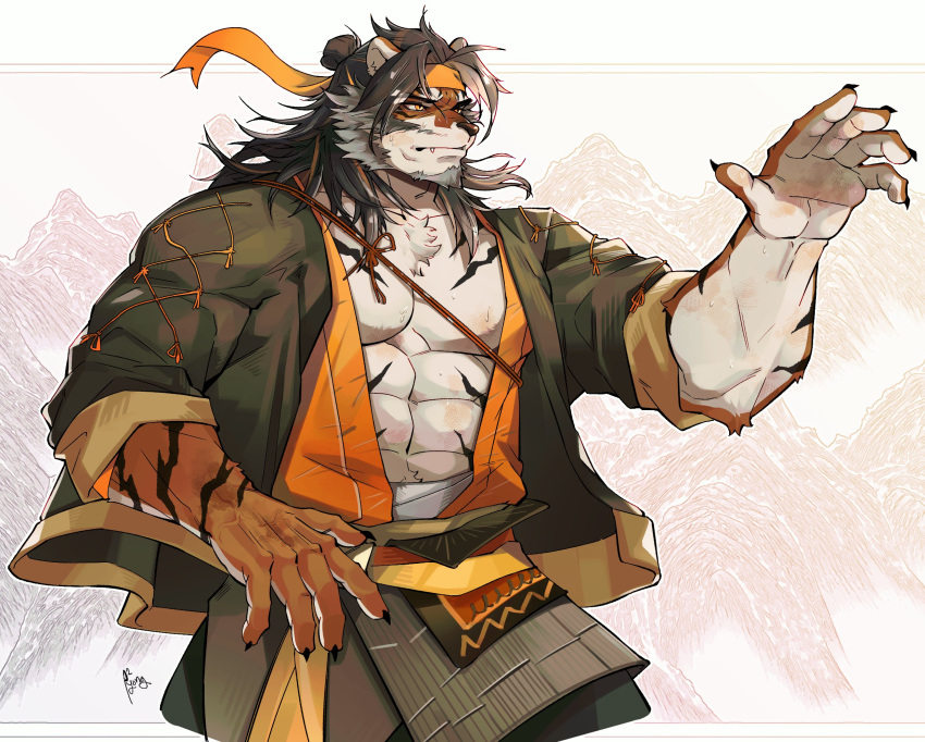 abs arknights bara claws facial_hair fang fighting_stance furry furry_male goatee headband highres huai_tianpei_(arknights) long_hair male_focus mountain orange_eyes orange_fur orange_headband p2yong pectorals signature simple_background striped tiger_boy white_background white_fur