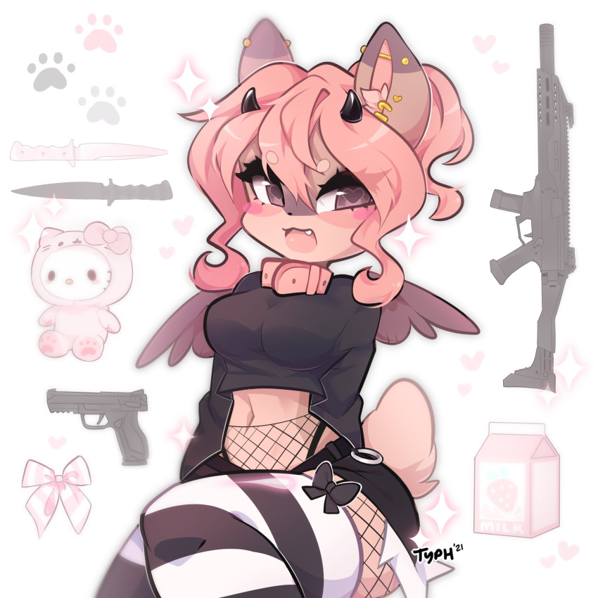 1girl :3 animal_ear_fluff animal_ears arms_behind_back assault_rifle belt black_belt black_bow black_pantyhose black_shirt black_shorts blush bow brown_eyes collar cropped_shirt english_commentary fishnet_pantyhose fishnets furry furry_female gun handgun hazel_(typh) heart heart_in_eye hello_kitty hello_kitty_(character) highres horns knife long_sleeves midriff milk_carton navel open_mouth original pantyhose paw_print pink_bow pink_collar rifle shirt short_shorts shorts sitting smile solo sparkle strawberry_milk striped striped_bow striped_thighhighs symbol_in_eye tail thighhighs typh weapon wings