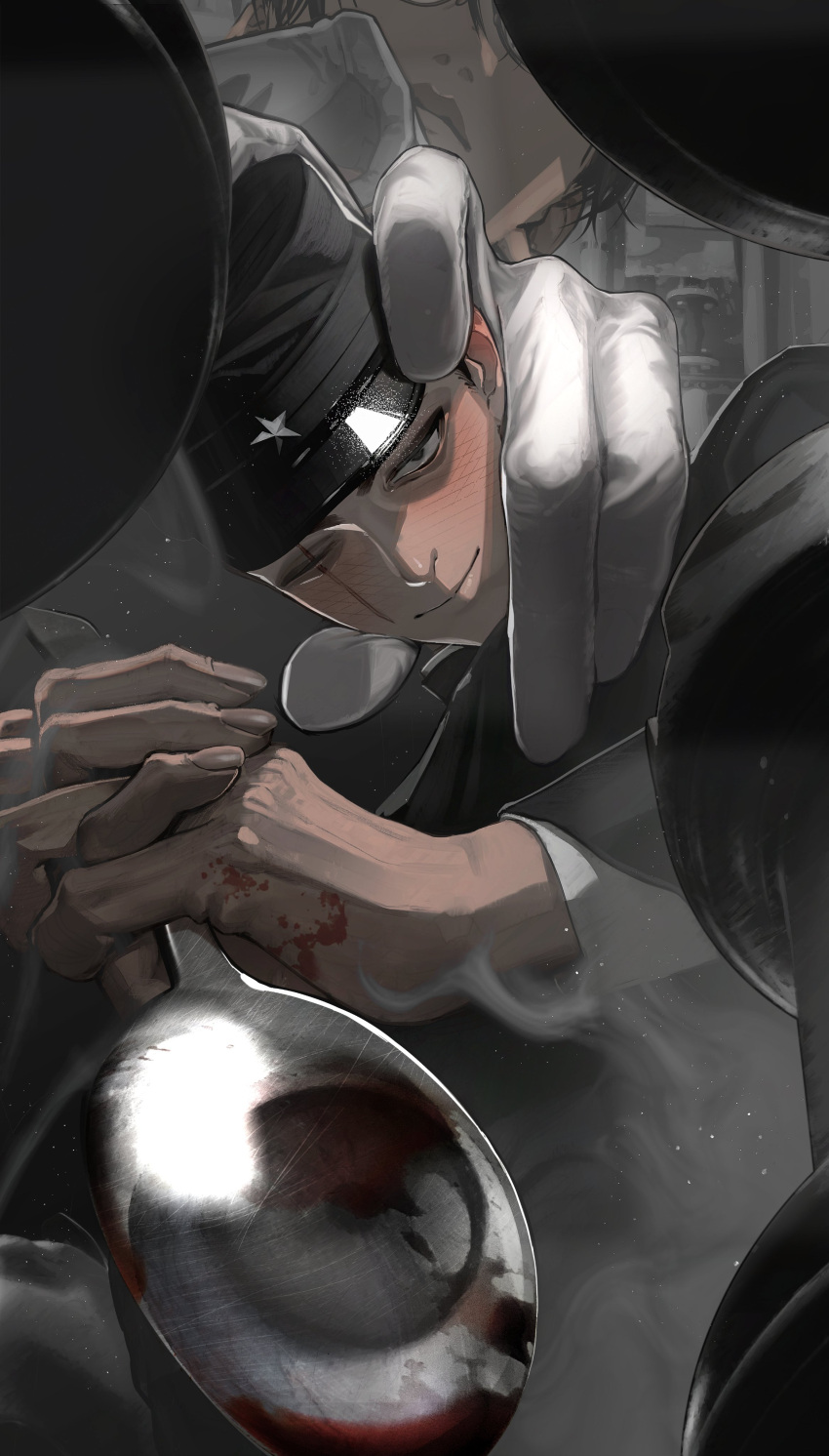 2boys absurdres black_eyes black_hair blood blood_on_hands board_game chess chess_piece closed_mouth commentary from_below gakuran gakuseibou gloves half-closed_eyes hand_on_another's_head hand_to_own_mouth head_out_of_frame highres holding holding_spoon light_particles litchi_hikari_club long_sleeves looking_down male_focus mau_sakura mini_person miniboy multiple_boys niko_(litchi_hikari_club) one_eye_closed reflection reverse_grip sanpaku scar scar_across_eye school_uniform short_hair smile smoke spoon symbol-only_commentary two-handed white_gloves zera_(litchi_hikari_club)