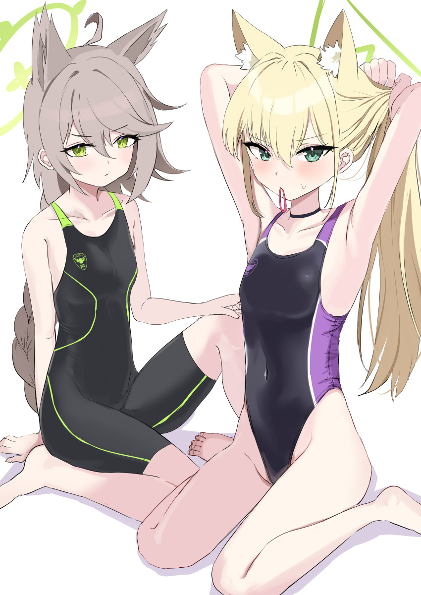 2girls absurdres animal_ears armpits barefoot black_one-piece_swimsuit blonde_hair blue_archive braid breasts competition_swimsuit covered_navel green_eyes grey_hair halo highleg highleg_swimsuit highres holding holding_hair kurumi_(blue_archive) long_hair mochini mouth_hold multiple_girls one-piece_swimsuit otogi_(blue_archive) ponytail simple_background single_braid sitting small_breasts swimsuit two-tone_swimsuit wariza white_background wolf_ears