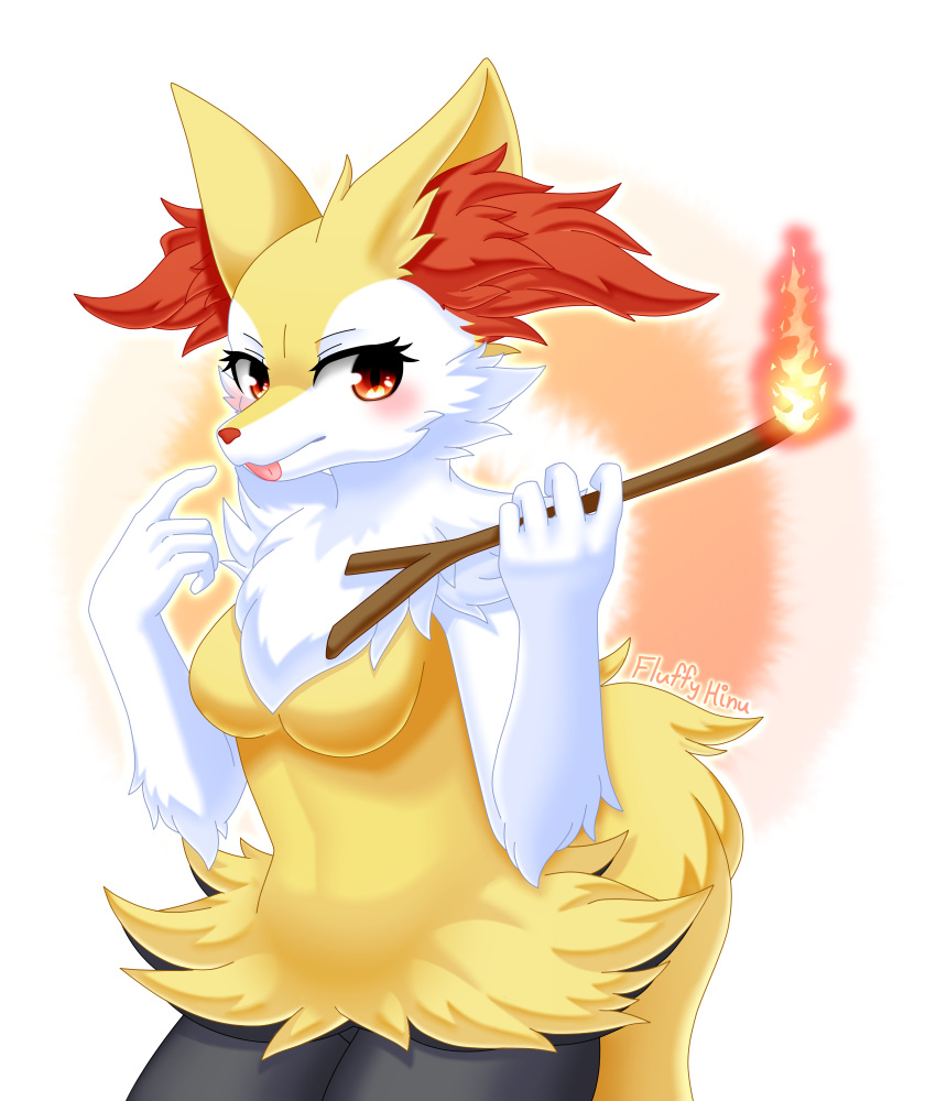 anthro blush braixen female fire fluffy_hinu fur generation_6_pokemon hi_res holding_object looking_at_viewer multicolored_body multicolored_fur nintendo pokemon pokemon_(species) red_eyes solo two_tone_body two_tone_fur white_body white_fur yellow_body yellow_ears yellow_fur