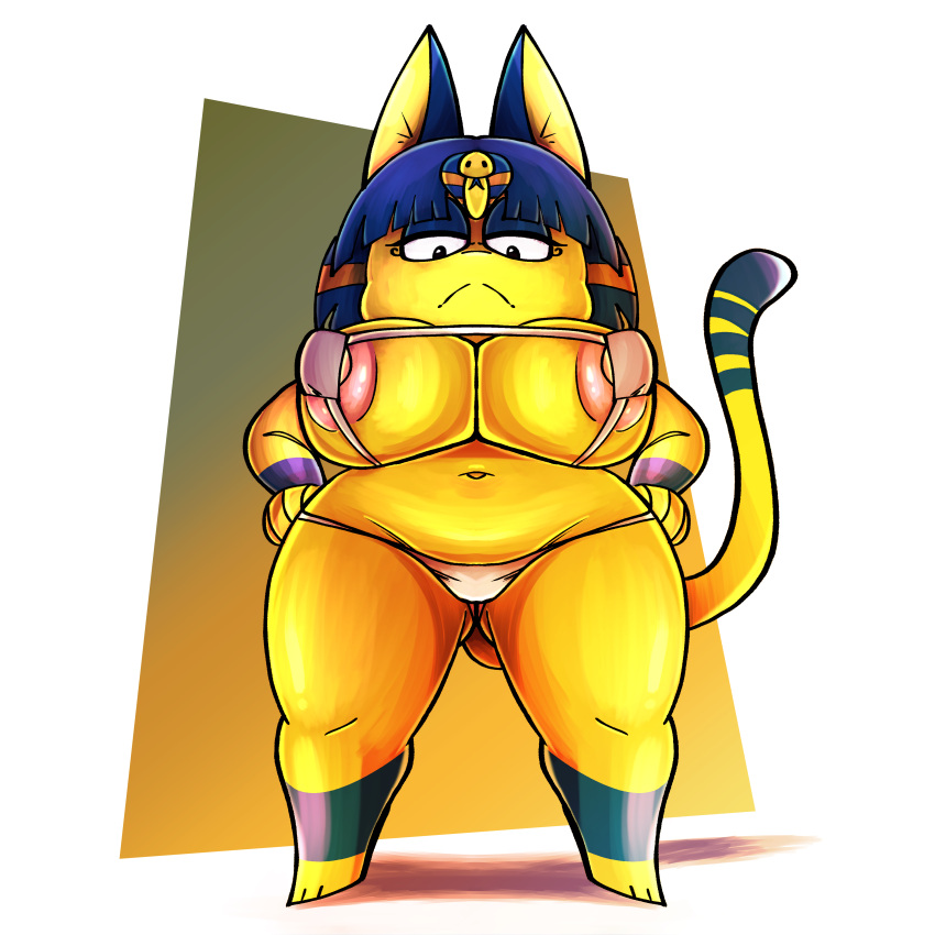 absurd_res animal_crossing ankha_(animal_crossing) annoyed anthro big_breasts breasts clothed clothing domestic_cat egyptian egyptian_clothing felid feline felis female fur hands_on_hips hi_res huge_breasts low-angle_view mammal nintendo painting_(artwork) skimpy solo stillelk62 thick_thighs traditional_media_(artwork) yellow_body yellow_fur