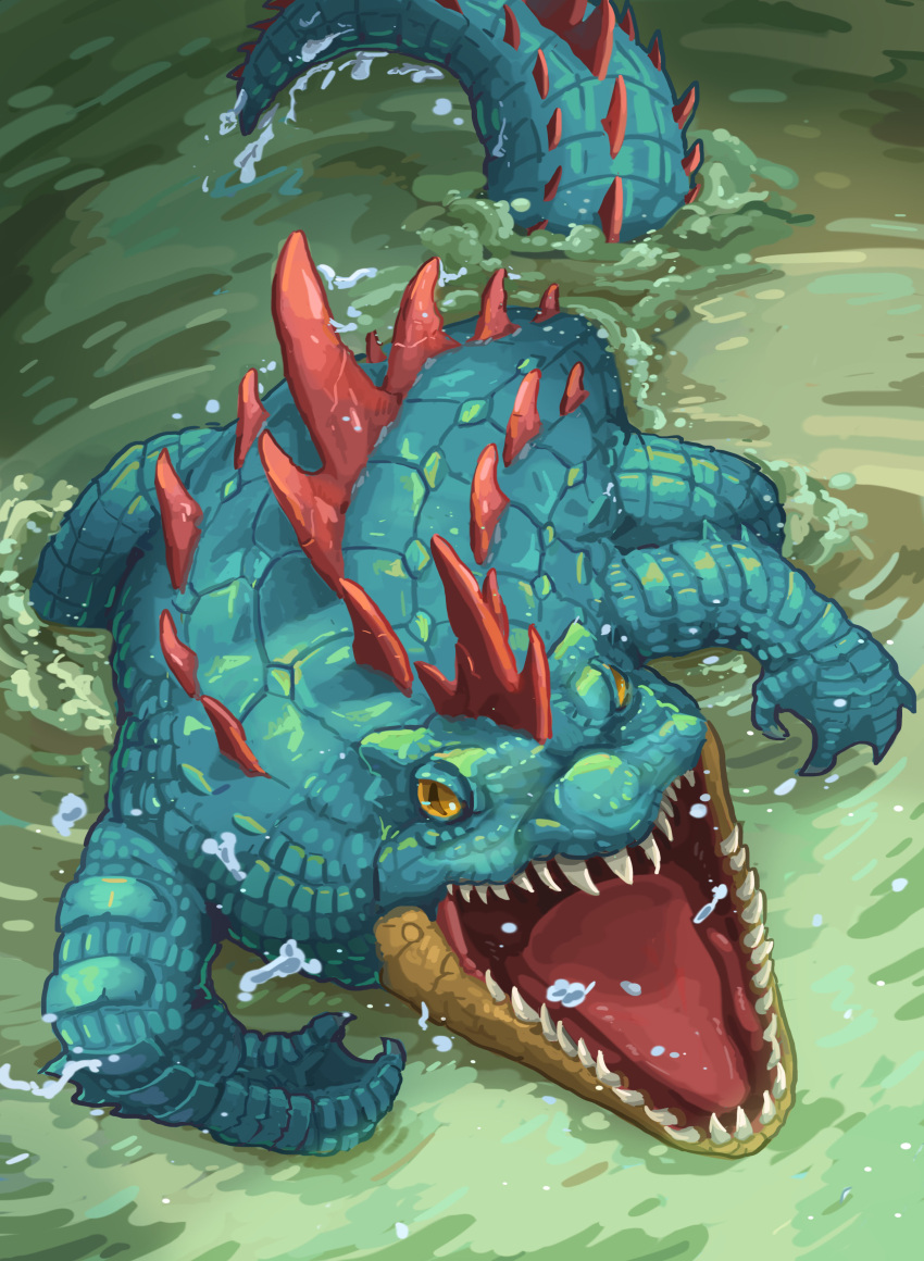 absurdres animal_focus chao_xiaopu commentary_request feraligatr highres kaijuu no_humans open_mouth outdoors pokemon pokemon_(creature) sharp_teeth solo spikes teeth tongue water