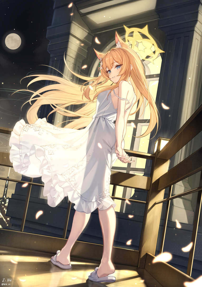 1girl absurdres animal_ear_fluff animal_ears arms_behind_back bld_zi blue_archive blush dress floating_hair fox_ears full_moon halo highres long_hair looking_at_viewer looking_to_the_side mari_(blue_archive) moon night night_sky orange_hair own_hands_together railing see-through_silhouette sky sleeveless sleeveless_dress slippers solo straight_hair very_long_hair white_dress white_footwear