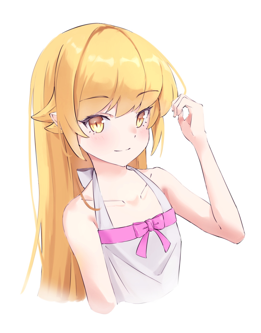 1girl bare_arms blonde_hair closed_mouth collarbone cropped_torso highres kinrucy long_hair monogatari_(series) oshino_shinobu shirt simple_background sleeveless sleeveless_shirt smile solo straight_hair upper_body very_long_hair white_background white_shirt yellow_eyes