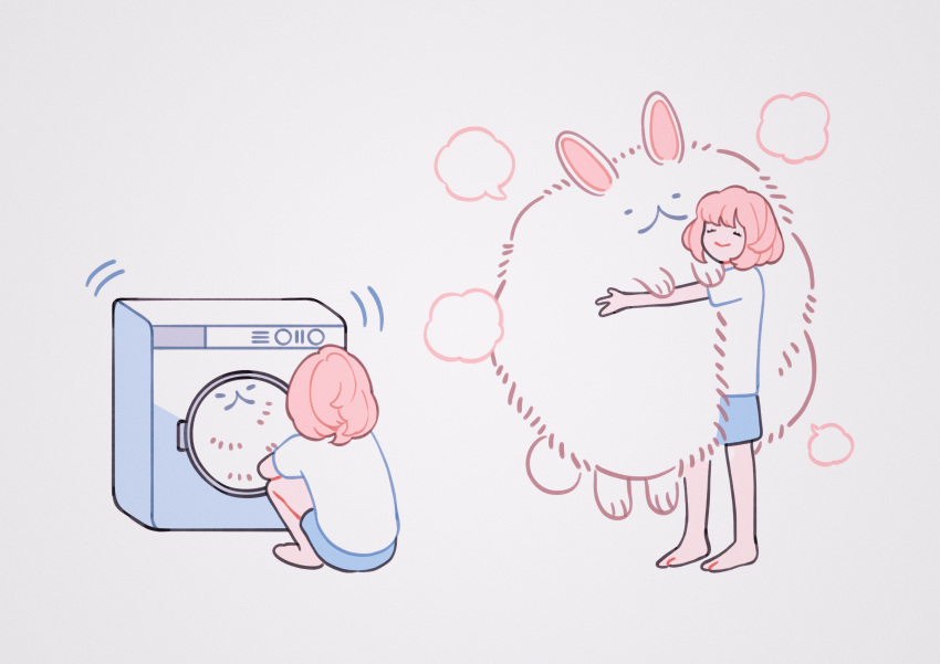 1girl absurdres animal barefoot blue_shorts closed_eyes clothes_dryer fluffy grey_background highres medium_hair meyoco multiple_views no_nose original oversized_animal pink_hair rabbit shirt short_sleeves shorts simple_background smile white_shirt