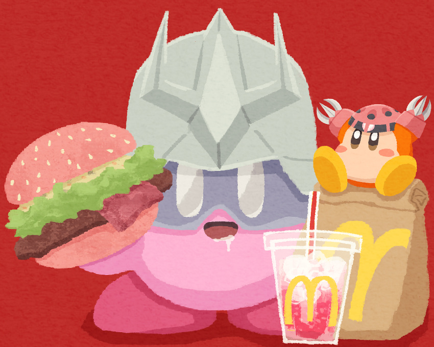 bacon bag blush_stickers burger char_aznable cup food goggles gundam helmet holding holding_food kirby kirby_(series) lettuce mcdonald's miclot mobile_suit_gundam open_mouth paper_bag pink_footwear red_background saliva shoes simple_background waddle_dee