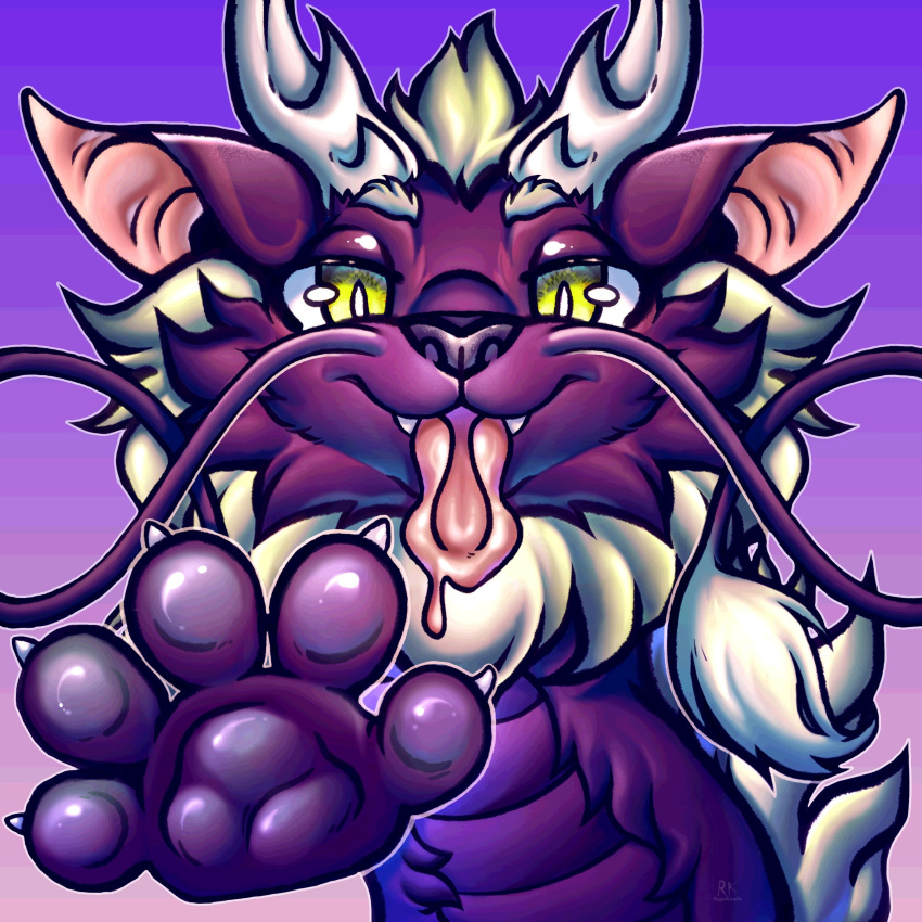 absurd_res anthro claws cute_eyes dragon eastern_dragon facial_hair fur furred_dragon hi_res horn icon male mustache paws purple_body regakoala smile solo tongue tongue_out yellow_eyes