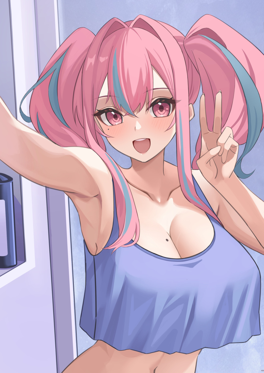 1girl :d absurdres armpits azur_lane blush breasts bremerton_(azur_lane) crop_top highres large_breasts looking_at_viewer mole mole_on_breast mole_under_eye multicolored_hair navel pink_eyes pink_hair purple_shirt shirt smile soar_sora222 solo teeth upper_body upper_teeth_only v