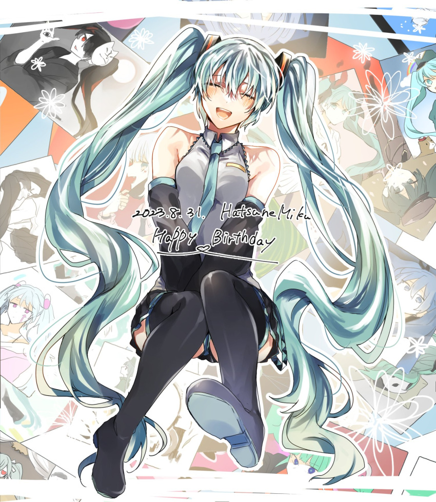 1925_(vocaloid) 1girl ^_^ bare_shoulders between_legs black_footwear black_hair black_skirt black_sleeves blue_eyes blue_hair blue_necktie boots breasts character_name closed_eyes collared_shirt commentary dated detached_sleeves doremifa_rondo_(vocaloid) facing_viewer full_body grey_shirt hair_between_eyes hand_between_legs happy_birthday hatsune_miku highres leaning_to_the_side long_hair long_sleeves magical_mirai_(vocaloid) magical_mirai_miku magical_mirai_miku_(2023) multicolored_hair musunde_hiraite_rasetsu_to_mukuro_(vocaloid) necktie pleated_skirt red_eyes red_hair senbonzakura_(vocaloid) shirt shoe_soles skirt sleeveless sleeveless_shirt small_breasts solo song_request songover streaked_hair suna_no_wakusei_(vocaloid) thigh_boots twintails umigumo_yuuna vampire_(vocaloid) very_long_hair vocaloid world_is_mine_(vocaloid)