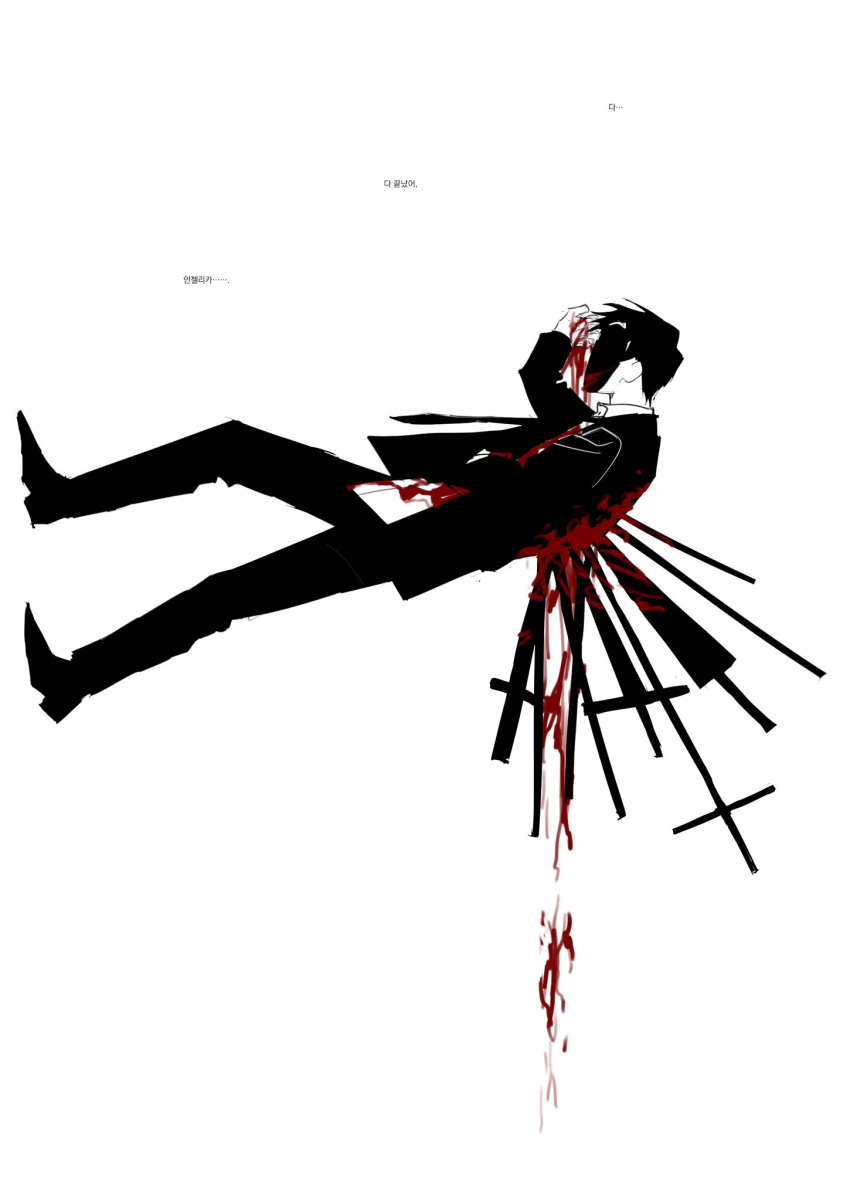 1boy black_hair black_jacket black_necktie black_pants bleeding blood collared_shirt highres jacket library_of_ruina long_sleeves male_focus mye_66 necktie pants project_moon roland_(library_of_ruina) shirt sideways simple_background solo spoilers stab sword walking weapon white_background white_shirt