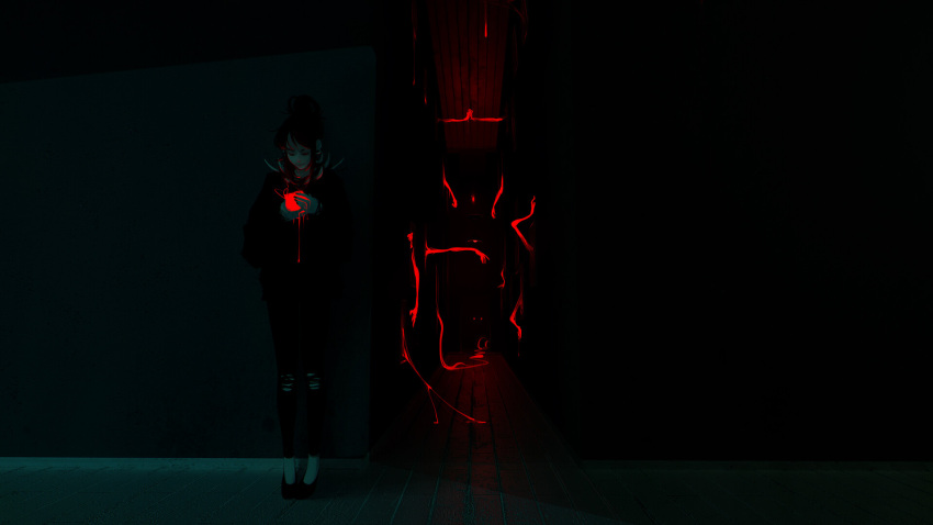 1girl ambiguous_red_liquid black_hair black_pants closed_eyes closed_mouth commentary dark_background disembodied_limb dripping earlobe_stretcher english_commentary full_body glowing hair_bun hallway highres holding horror_(theme) host_(obj_shep) indoors light_smile obj_shep original pants red_light sidelocks single_hair_bun solo spikes standing torn_clothes torn_pants wide_shot wooden_floor