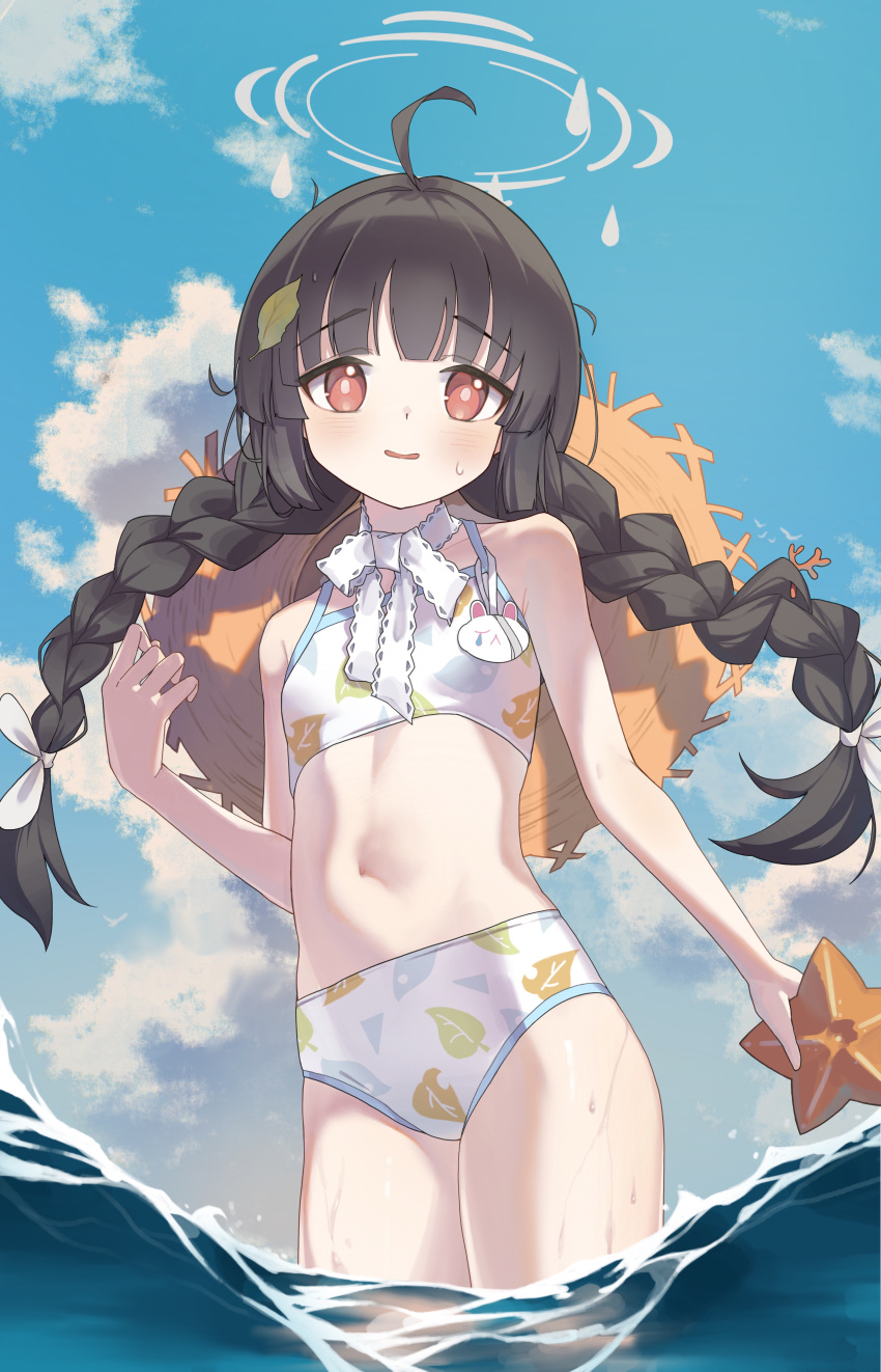 1girl absurdres ahoge bare_arms bare_shoulders bikini black_hair blue_archive blue_sky blunt_bangs blush bow braid bright_pupils choker cloud cloudy_sky cowboy_shot day eriri2000420 flat_chest hair_bow hair_ornament halo hat hat_removed headwear_removed highres holding leaf leaf_on_head long_hair looking_at_viewer low_twintails miyu_(blue_archive) miyu_(swimsuit)_(blue_archive) navel ocean official_alternate_costume outdoors parted_lips partially_submerged red_eyes ribbon simple_background sky smile solo standing starfish stomach straw_hat sun_hat sweat swimsuit thighs twin_braids twintails very_long_hair wading water wet white_background white_bikini white_bow white_choker white_ribbon