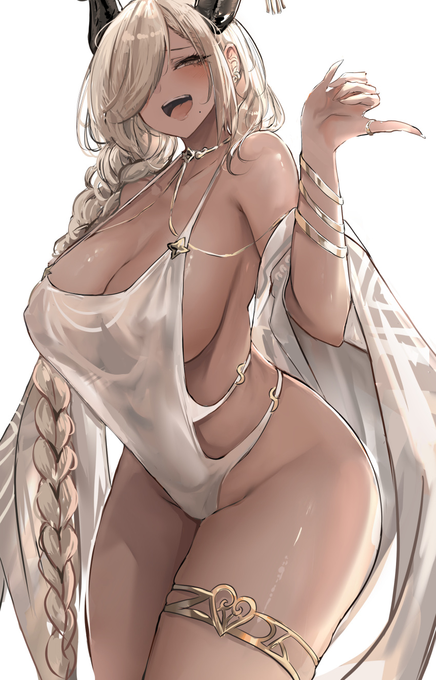 1girl absurdres azur_lane bare_shoulders blonde_hair blush braid breasts cleavage dark-skinned_female dark_skin hair_over_one_eye highres horns jewelry large_breasts liaowen long_hair looking_at_viewer mole mole_under_mouth one_eye_covered open_mouth owari_(azur_lane) ring sideboob simple_background smile thighlet thighs white_background