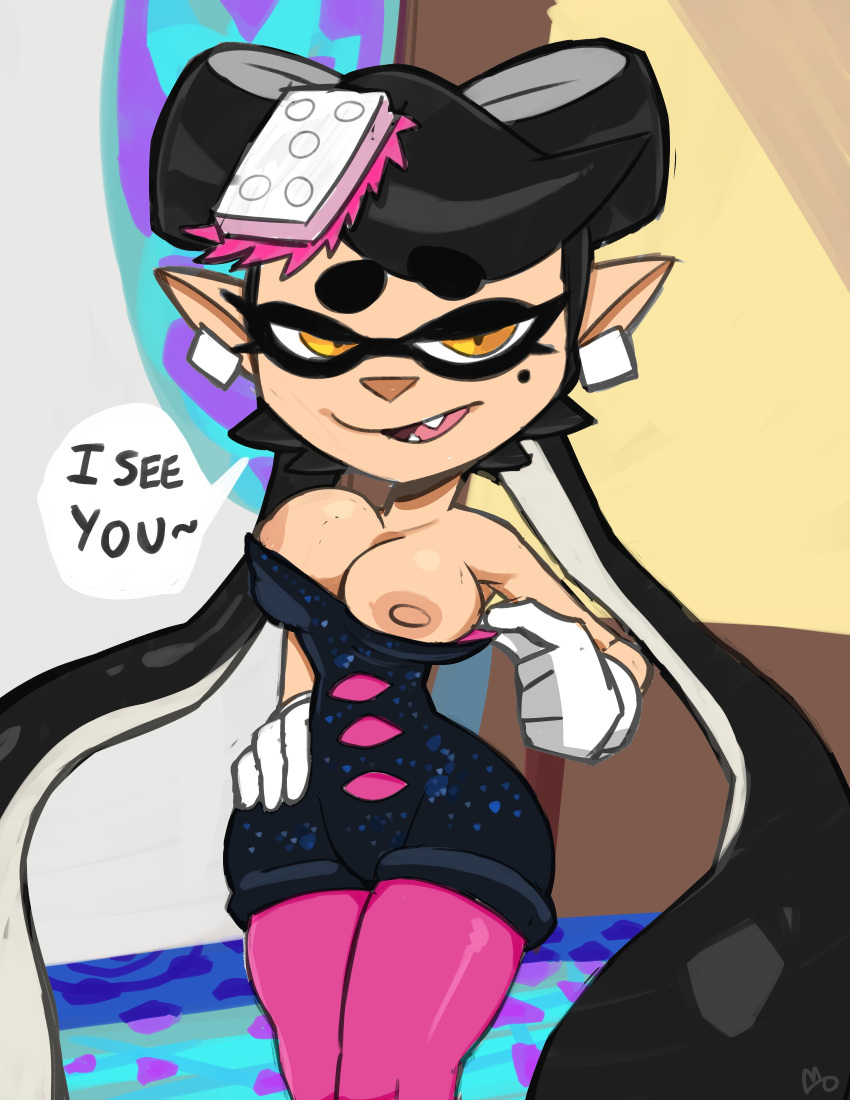 2023 absurd_res animal_humanoid breasts callie_(splatoon) cephalopod cephalopod_humanoid clothed clothing dialogue english_text exposed_breasts female flashing gloves hand_on_hip handwear hi_res humanoid humanoid_pointy_ears inkling marine marine_humanoid mollusk mollusk_humanoid monamania nintendo nipples portrait pseudo_hair solo splatoon tentacle_hair tentacles text three-quarter_portrait