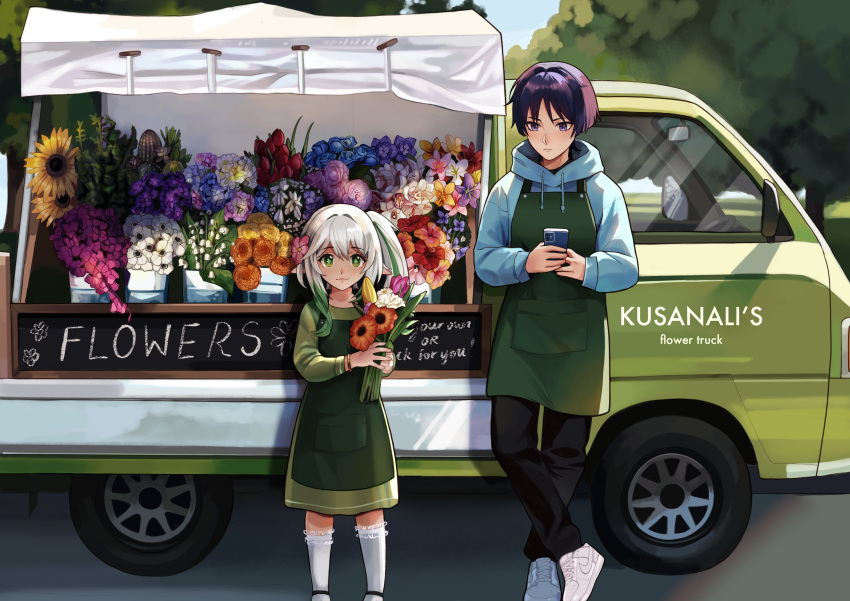 1boy 1girl absurdres alternate_costume angryoats apron black_footwear black_pants blue_flower cellphone closed_mouth day dress flower genshin_impact green_dress green_eyes green_hair ground_vehicle highres holding holding_phone hood hoodie long_hair long_sleeves looking_at_viewer motor_vehicle nahida_(genshin_impact) outdoors pants phone pink_flower pointy_ears ponytail purple_eyes purple_hair red_flower rose scaramouche_(genshin_impact) side_ponytail sign smartphone socks standing sunflower tree truck tulip white_flower white_footwear white_hair white_socks yellow_flower