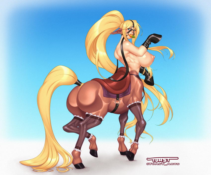 absurd_res ball_gag bdsm bdsm_gear blonde_hair carrot centaur centorea_shianus_(monster_musume) equid equid_taur equine female food gag gagged hair hi_res hooves horse humanoid_taur mammal mammal_taur monster_girl_(genre) monster_musume petplay plant ponyplay ponytail roleplay saddle taur vegetable