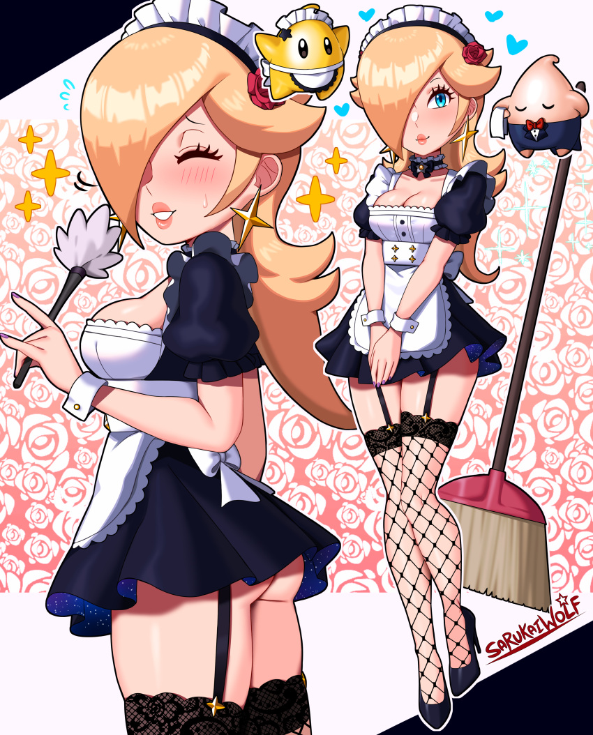 1girl absurdres alternate_costume apron ass black_dress black_footwear black_garter_straps blonde_hair blue_eyes breasts dress earrings enmaided fishnet_thighhighs fishnets frilled_apron frills garter_straps hair_over_one_eye high_heels highres jewelry long_bangs long_hair luma_(mario) maid maid_apron maid_headdress mario_(series) medium_breasts puffy_short_sleeves puffy_sleeves rosalina sarukaiwolf short_dress short_sleeves smile star_(symbol) star_earrings super_mario_galaxy thighhighs waist_apron white_apron