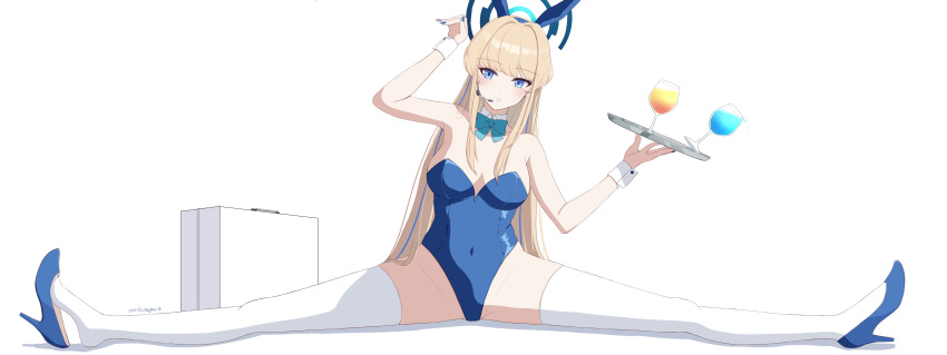 1girl absurdres animal_ears arm_up bare_shoulders blonde_hair blue_archive blue_bow blue_bowtie blue_eyes blue_footwear blue_leotard blue_nails bow bowtie breasts cleavage detached_collar fake_animal_ears full_body halo headset high_heels highres holding holding_tray leotard long_hair looking_at_viewer medium_breasts mitsukayurie nail_polish parted_lips playboy_bunny rabbit_ears shoe_dangle signature simple_background sitting spilling split spread_legs strapless strapless_leotard suitcase thighhighs toki_(blue_archive) toki_(bunny)_(blue_archive) tray very_long_hair white_background white_thighhighs wrist_cuffs