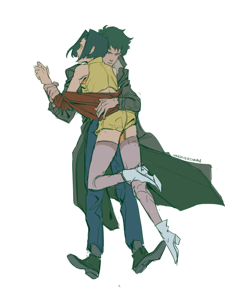 1boy 1girl absurdres artist_name ass brown_coat closed_eyes coat couple cowboy_bebop faye_valentine highres hug open_mouth simple_background sona_(mmediocreman) spike_spiegel white_background white_footwear