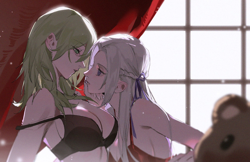 2girls bare_shoulders black_bra bra breasts byleth_(female)_(fire_emblem) byleth_(fire_emblem) caicaicaicai_ni_caicai cleavage curtains edelgard_von_hresvelg fire_emblem fire_emblem:_three_houses from_side girl_on_top green_eyes green_hair hair_between_eyes hair_ribbon hand_on_another's_chin highres leaning_on_person looking_at_another looking_down looking_up multiple_girls parted_bangs purple_eyes purple_ribbon red_bra ribbon sideboob stuffed_animal stuffed_toy teddy_bear topless underwear white_hair window yuri