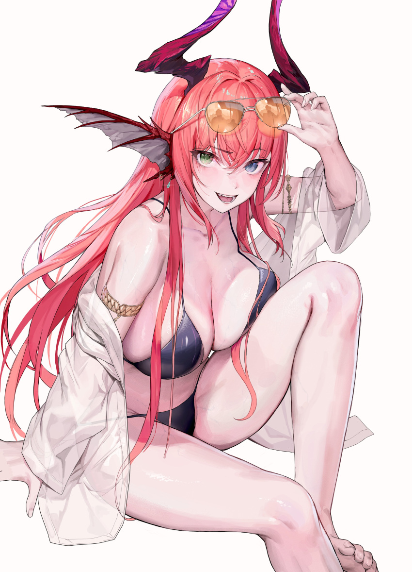 1girl absurdres armlet barefoot bikini black_bikini blue_eyes breast_press breasts cleavage collarbone demon_horns demon_wings fang feet foot_out_of_frame green_eyes hair_between_eyes hair_spread_out hair_wings heterochromia highres holding holding_eyewear horns jacket large_breasts legs long_hair looking_at_viewer off_shoulder open_clothes open_jacket open_mouth orange-tinted_eyewear original red_eyes see-through see-through_jacket sidelocks simple_background solo string_bikini swimsuit teeth thighs thong tinted_eyewear toenails toes veins veiny_arms veiny_belly veiny_breasts veiny_thighs white_background wings yjs0803123