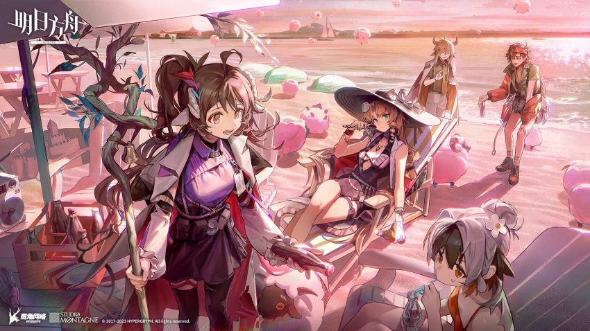 2boys 3girls ahoge animal_ears arknights bikini bison_(arknights) black_dress black_hair black_headwear black_skirt black_thighhighs boat bottle breasts brown_hair center_opening coat company_name copyright_name cow_boy cow_ears cow_horns crate crazy_straw dress drill_hair drill_sidelocks drinking_straw drinking_straw_in_mouth ears_through_headwear evening eyjafjalla_(arknights) eyjafjalla_the_hvit_aska_(arknights) flower gloves green_eyes hair_flower hair_ornament hat highres holding holding_bottle holding_staff horns long_hair multicolored_hair multiple_boys multiple_girls official_alternate_costume official_art open_clothes open_coat open_mouth orange_bikini orange_eyes outdoors picnic_table ponytail purple_shirt red_eyes sailboat sand_castle sand_sculpture shadow sheep sheep_ears sheep_girl sheep_horns shirt sidelocks single_glove sitting skirt small_breasts snowsant_(arknights) staff stainless_(arknights) standing sunset sweat swimsuit swire_(arknights) swire_the_elegant_wit_(arknights) table tail thighhighs tiger_ears tiger_girl tiger_tail two-tone_hair very_long_hair watercraft white_coat white_flower white_gloves white_hair