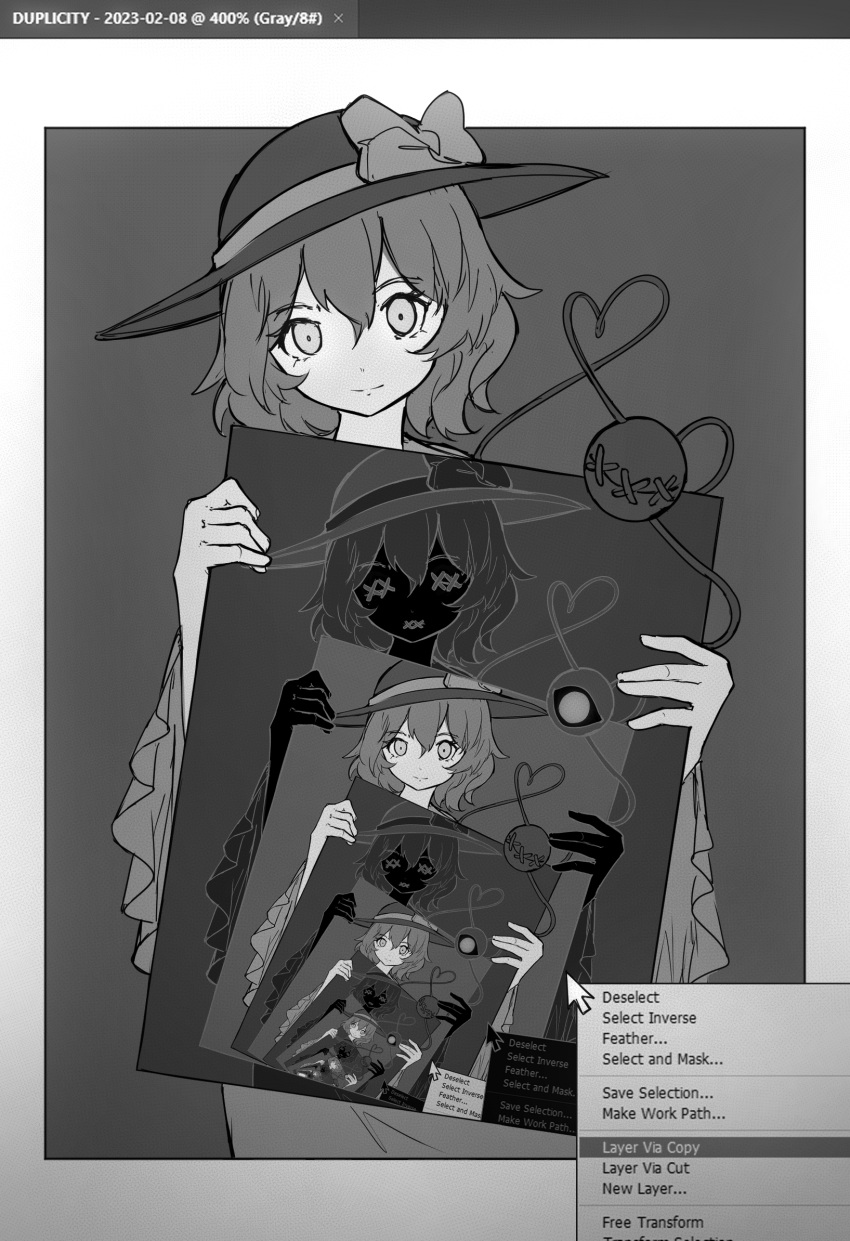 adobe_photoshop bow chiroru_(cheese-roll) closed_mouth commentary cursor dated dialogue_box dual_persona english_text greyscale hat hat_bow heart heart_of_string highres komeiji_koishi looking_at_viewer monochrome negative recursion smile third_eye touhou