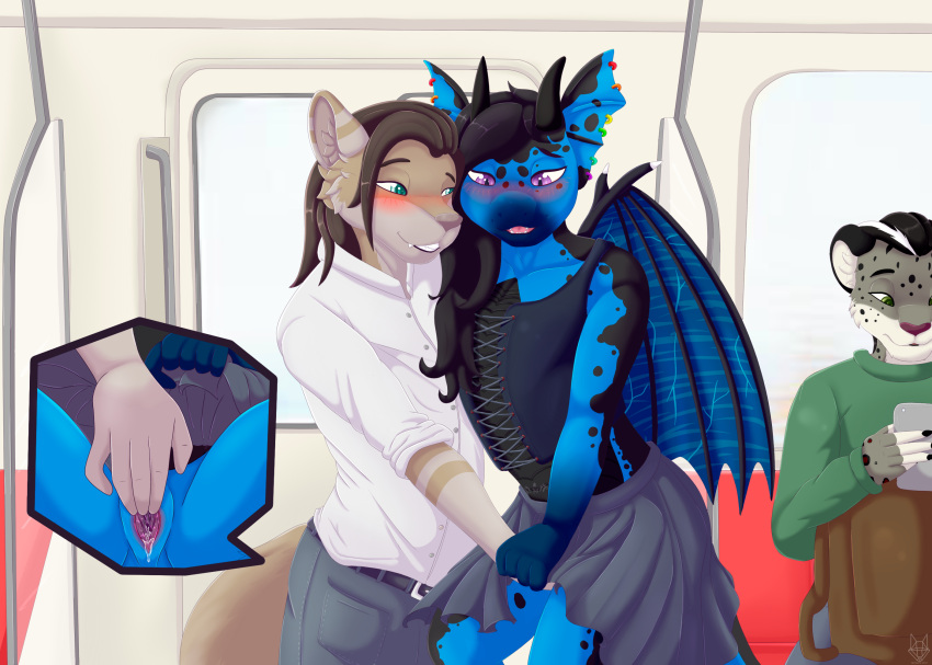 anthro blush bottomwear canid canine canis clothed clothing dragon duo exhibitionism felid female fingering hand_under_clothing hi_res male male/female mammal pantherine pants public public_sex public_transportation saphire5400 sex shirt skirt snow_leopard topwear train umbrose vaginal vaginal_fingering vehicle wolf wolfschulte