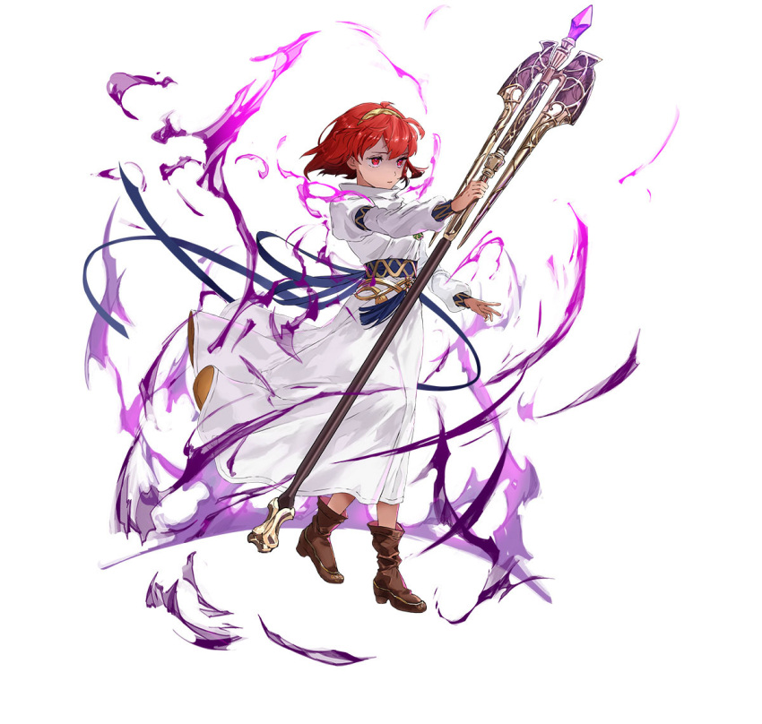 aura dark_aura dress fire_emblem fire_emblem:_mystery_of_the_emblem fire_emblem_heroes holding holding_staff maria_(fire_emblem) mayo_(becky2006) mind_control official_alternate_costume official_art purple_eyes red_hair short_hair solo staff tassel tiara white_background white_dress