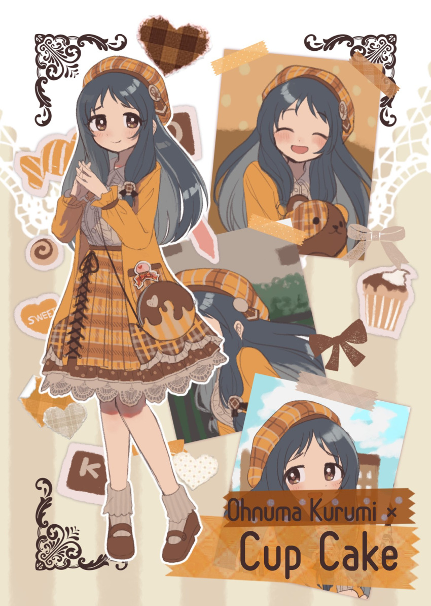 1girl bag bare_legs beret black_hair blush brown_footwear brown_jacket brown_skirt building candy character_name cinnamon_roll closed_eyes closed_mouth cupcake english_text food food-themed_clothes frilled_skirt frills full_body hat heart highres idolmaster idolmaster_cinderella_girls jacket long_hair monakocoa ohnuma_kurumi plaid plaid_skirt puffy_sleeves shirt shoulder_bag skirt smile socks solo solo_focus straight_hair stuffed_animal stuffed_toy tape teddy_bear white_shirt