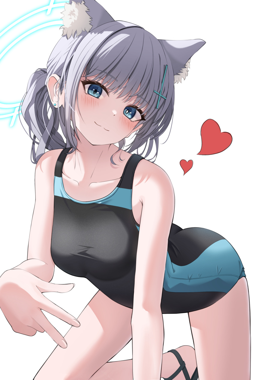1girl :3 absurdres animal_ear_fluff animal_ears black_one-piece_swimsuit blue_archive blue_eyes breasts competition_swimsuit cross_hair_ornament extra_ears grey_hair gyaru_v hair_ornament halo heart highres low_ponytail medium_breasts medium_hair mismatched_pupils multicolored_clothes multicolored_swimsuit official_alternate_costume one-piece_swimsuit sandals she100legs shiroko_(blue_archive) shiroko_(swimsuit)_(blue_archive) simple_background smile solo split_mouth swimsuit v white_background wolf_ears