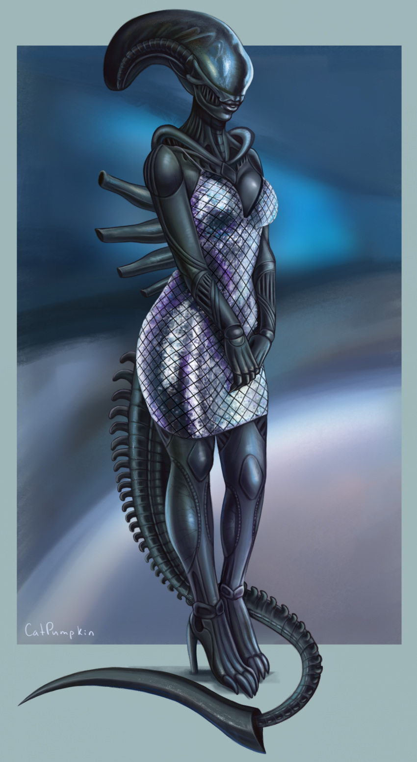 absurd_res alien alien_(franchise) catpumpkin clothing date dress female giger_(character) glitter hi_res humanoid lips solo spikes spikes_(anatomy) translucent xenomorph xenomorph_queen