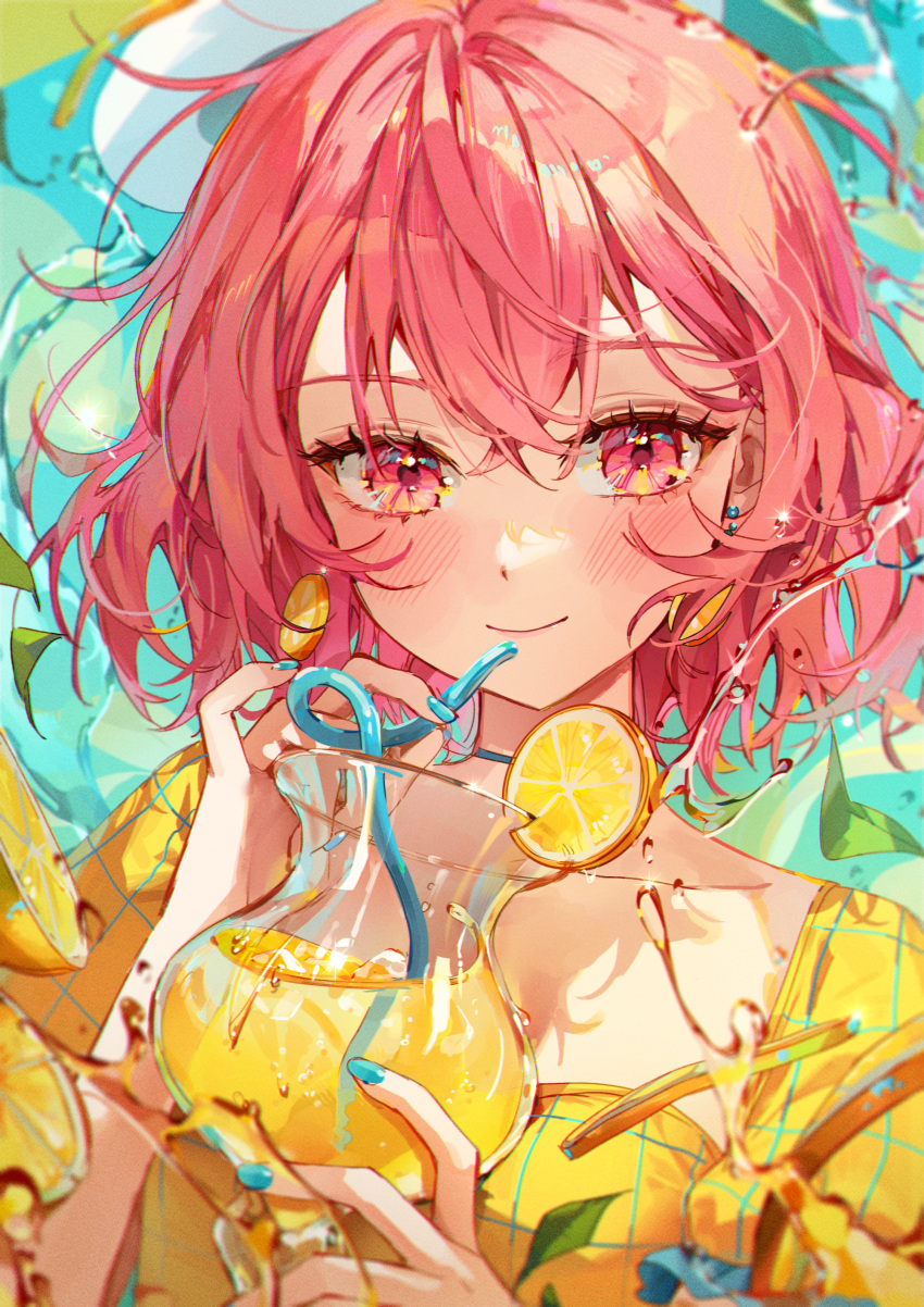 1girl absurdres aqua_nails blush closed_mouth cup drinking_straw earrings food food-themed_earrings fruit hands_up highres holding holding_cup jewelry kellymonica02 lemon lemon_earrings lemon_slice lemonade looking_at_viewer medium_hair nail_polish niconico nqrse pink_eyes pink_hair short_sleeves smile solo upper_body